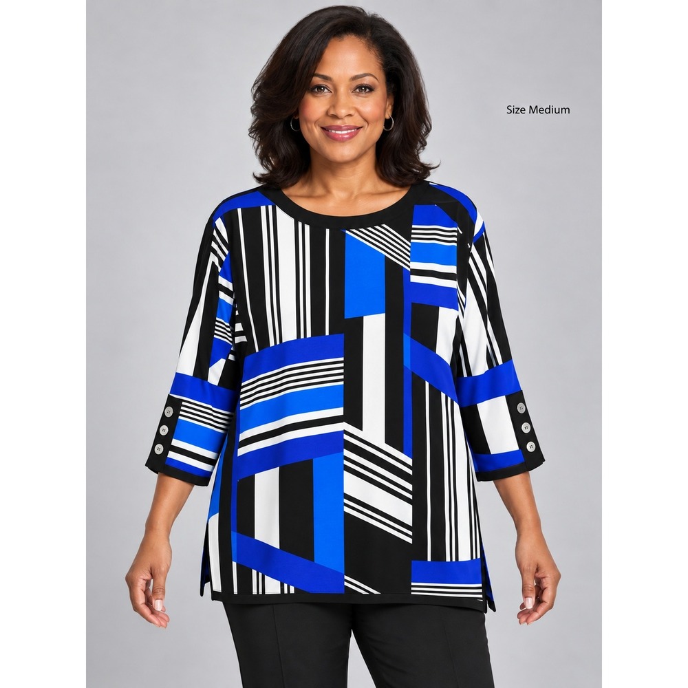 Alfred Dunner Blue Geometric Stripe 3/4 Sleeve Tunic Top Medium